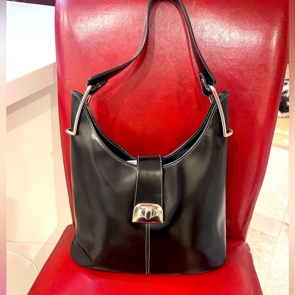 Vintage French Modern Black Leather White Stitch Silver Hardware Bucket Purse